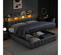 AZJSAHAH Cama tapizada de 140 x 190 cm con espacio de almacenamiento hidráulico, cama doble con espacio de almacenamiento LED de 140 x 190 cm, con somier de láminas de lino, cama juvenil sin colchón