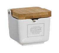 Azucarero de Cerámica Sugar Blanco con Tapa de Bambú - Recipiente para Azúcar de 8 cm con Cuchara Dosificadora - Diseño Original para Cocina
