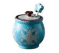 Azucarero retro de cerámica, bote for condimentos, juego tarros for con cuchara y tapa, utensilios cocina(Blue)