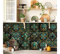 Azulejos Adhesivos Cocina Turquesa Dorada Negra Baldosas Adhesivas Pared Impermeable Azulejos Adhesivos Baño PVC Vinilos Decorativos 10x10cm x 10 Pcs