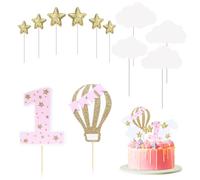 AZWOOD Decoraciones para tartas de primer cumpleaños, color rosa, 12 piezas de decoración para tartas de baby shower con purpurina y globo aerostático estrella nube, suministros de fiesta de baby