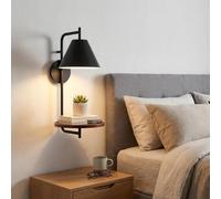 B·LED BARCELONA LED Aplique de Pared Bilon con Estante - Luz de Pared Moderna E27 - Aluminio Negro Mate y Estante de Madera - Lámpara de pared moderna para Dormitorio, Sala, Pasillo u Hotel