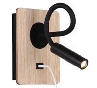 B·LED BARCELONA LED Aplique de Pared Madera con Interruptor y Foco Negro Flexible Luz Blanco Cálido Puerto Carga USB para Lectura Cama Mesita de Noche Hotel