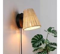 B·LED BARCELONA LED BarcelonaLED Aplique de Pared Pantalla Orientable de Cesta Bambú Mimbre con Cable Enchufe e Interruptor Portalampara E27 para Salón Mesita de Noche Cabecero