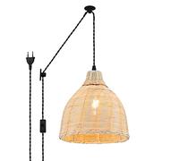 B·LED BARCELONA LED BarcelonaLED Lámpara de Techo Colgante Mimbre Bambú con Cable Enchufe en Pared Polea Vintage Pantalla Ratán Madera Ø26cm Portalámparas E27 para Salón Comedor Cocina