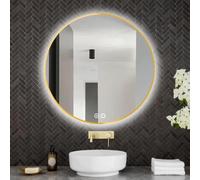 baanio Sole - Espejo Baño LED Redondo 80 cm con Antivaho - Marco Aluminio Oro, Retroiluminado, Luz Regulable 3 Tonos, Interruptor Táctil