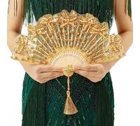 BABEYOND - Abanico de mano de encaje no plegable vintage con pedrería y bordado para decoración de bodas y bailes (dorado)