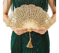 BABEYOND - Abanico de mano de encaje no plegable vintage para novias, con strass y bordado, para decoración de bodas, bailes y fiestas (E-oro)