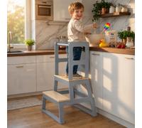 Baby Vivo Torre de Aprendizaje de Madera con Pizarra - Torre Montessori para niños y bebés de 18 Meses a 3 Años para Aprender a Cocinar Learning Tower para Niños en Gris