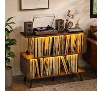 BACEKOLL Tocadiscos estantería con enchufe de la UE e iluminación LED, almacenamiento para 250 discos LPs, mesa grande con conector USB, armario multimedia para salón, nogal, 108 x 45 x 73