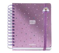 Back2Fun - Agenda Escolar 2026 2027 Día Página de 10 Meses, Doble Espiral Metálico, Tamaño 15,5×18 cm, 2 Páginas de Pegatinas y Marcapáginas, Cartón Forrado, Abalorio Para Pulsera, Arcoíris