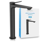 Bächlein Grifo de baño Aldeya alto en diseño moderno, monomando extra alto para lavabo sobre encimera con kit de montaje, grifo de baño negro mate