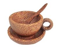 Bafnsiji Taza de Espresso de Madera de Coco Natural - Set de Taza de Café de 100 ml con Platillo y Cuchara