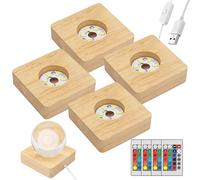 BAIFULAI 4 unidades de zócalos LED, base de madera, base cuadrada de luz LED, base de luz con interruptor USB, mando a distancia, 7 colores, base de pantalla para bloques de cristal, cristal, resina