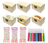 BAIFULAI Mini cofre del tesoro de madera, 6 unidades, cofre del tesoro infantil, cumpleaños infantil con tapa y pegatina y lápiz acuarela de 12 colores, caja rectangular del tesoro de madera para