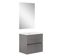 Baikal, Conjunto de baño Natura. Mueble de Baño de Fondo Reducido, con Lavabo cerámico. Distribución Dos Cajones. Mueble MONTADO. Dos Cajones con Espejo. Fondo 39cm 60 cm Ceniza