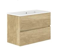 Baikal, Conjunto de baño Natura. Mueble de Baño de Fondo Reducido, con Lavabo cerámico. Distribución Dos Cajones. Mueble MONTADO. Dos Cajones sin Espejo. Fondo 39cm 80 cm Nature