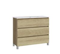 Baikal, Conjunto de baño Natura. Mueble de Baño de Fondo Reducido, con Lavabo cerámico. Distribución Tres Cajones. Mueble MONTADO. Tres Cajones sin Espejo. Fondo 39cm 100 cm Nature