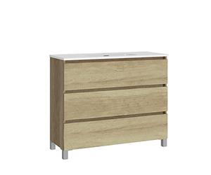 Baikal, Conjunto de baño Natura. Mueble de Baño de Fondo Reducido, con Lavabo cerámico. Distribución Tres Cajones. Mueble MONTADO. Tres Cajones sin Espejo. Fondo 39cm 90 cm Nature