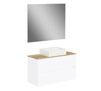 Baikal Conjunto de baño Natura. Mueble de Baño de Fondo Reducido, con Lavabo cerámico sobre Encimera. Mueble Suspendido. Mueble MONTADO. Dos Cajones con Espejo 90 cm Fondo de 39cm