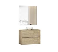 Baikal Conjunto de Mueble de Baño Ness, Especial para baños pequeños. Mueble de Fondo Reducido en 36cm, Incluye Lavabo Cerámico. Mueble MONTADO. Dos Cajones con Espejo 80 cm Nature