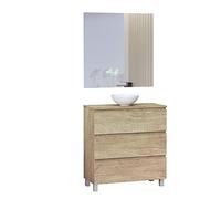 Baikal Conjunto de Mueble de Baño Ness, Especial para baños pequeños. Mueble de Fondo Reducido en 36cm, Incluye Lavabo Cerámico. Mueble MONTADO. Tres Cajones con Espejo 80 cm Nature