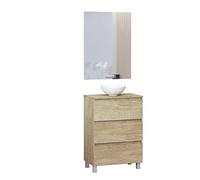 Baikal Conjunto de Mueble de Baño Ness, Especial para baños pequeños. Mueble de Fondo Reducido en 36cm, Incluye Lavabo Cerámico. Mueble MONTADO. Tres Cajones con Espejo 60 cm Nature