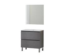 Baikal Conjunto Mueble de Baño con Lavabo y Espejo, con Patas, en Varios Acabados, Melamina 16. Puerta + Cajón 80 cm Ceniza