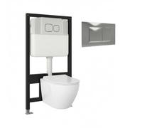 BAIKAL Inodoro Suspendido + Bastidor. WC en Blanco Brillo. Cisterna empotrada con Pulsador Cromado. Bastidor independiente. Sanitario con Cierre Amortiguado y Sistema Rimless.