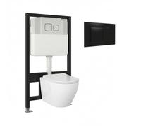 BAIKAL Inodoro Suspendido + Bastidor. WC en Blanco Brillo. Cisterna empotrada con Pulsador Negro. Bastidor independiente. Sanitario con Cierre Amortiguado y Sistema Rimless.