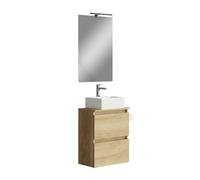 Baikal MAIA, Mueble de baño pequeño con Lavabo cerámico y Espejo con Aplique de luz LED, de una Puerta Abatible y un Cajón, Acabado en Color Nature, Medidas: 50 x 60 x 30 cm