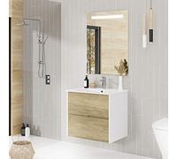 Baikal Mueble de baño Gavin, 2 cajones, suspendido en Pared. Incluye Lavabo cerámico. Varios Acabados. Se Entrega Montado. con Espejo 60 cm Nature