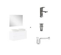Baikal Pack solución Completa. Incluye: Mueble de Baño, Lavabo cerámico, Grifo, Sifón Extensible y Válvula de desagüe. Mueble MONTADO. Entrega Todo en uno. 2 Cajones con Espejo 60+60 cm Blanco