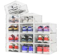 BAKAJI 12 cajas para zapatos apilables con tapas, montaje fácil, ahorran espacio transparentes, cajas organizadoras de almacenamiento, (juego de 12 unidades, 33,5 x 23 x 14,5 cm)