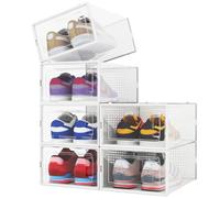 BAKAJI 6 cajas para zapatos apilables con tapas, montaje fácil, ahorran espacio, transparentes, cajas organizadoras de almacenamiento, zapatillas (juego de 6 unidades, 33,5 x 23 x 14,5 cm)