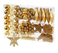 BAKAJI Adornos para árbol de Navidad, 102 Unidades, Paquete de Bolas, Calcetines, Estrellas, piñas Decorativas navideñas (Dorado)