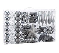 BAKAJI Adornos para árbol de Navidad, Paquete de 102 Unidades, Bolas de Calcetines, Estrellas, Pino, Adornos navideños (Plata)
