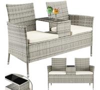 BAKAJI Banco de jardín de polirratán con Mesa integrada y Cojines, Banco de 2 plazas de Exterior, Resistente a los Rayos UV y a la Intemperie, Banco de sofá con Estante de Cristal, 123 x 54 x 82,5 cm