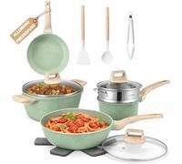 BAKAJI Batería de ollas y sartenes de 15 piezas de inducción y gas, juego apto para todas las placas de cocción, antiadherente de aluminio fundido a presión y efecto granito, con tapa y accesorios