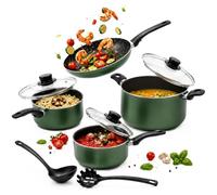 BAKAJI Batería de ollas y sartenes de 9 piezas Natura Più Verde con tapas, juego de utensilios de cocina con revestimiento antiadherente y mango Cool Touch, sartén y olla con tapa de cocción homogénea