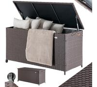 BAKAJI Baúl portaobjetos de jardín de ratán sintético de 420 litros, caja de exterior impermeable resistente a los rayos UV, baúl XXL con ruedas para transporte y asa, 121 x 55 x 60 cm (marrón)