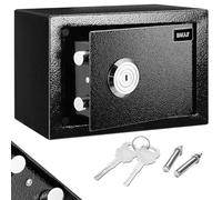 BAKAJI Caja fuerte de seguridad de acero con llave de doble cerradura, caja mecánica antirrobo, resistente al fuego con 2 pernos para fijación a pared de 23 x 17 x 17,3 cm