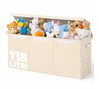 BAKAJI Cajas para juguetes para niños, caja de almacenamiento con tapa y 3 compartimentos, porta juegos de dormitorio plegable de TNT, cajas organizadoras Box capacidad 118 litros, 91,5 x 32 x 40,5 cm