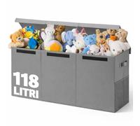 BAKAJI Cajas para juguetes para niños, caja de almacenamiento con tapa y 3 compartimentos, porta juegos de dormitorio plegable de TNT, cajas organizadoras Box capacidad 118 litros, 91,5 x 32 x 40,5 cm