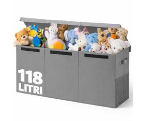 BAKAJI Cajas para juguetes para niños, caja de almacenamiento con tapa y 3 compartimentos, porta juegos de dormitorio plegable de TNT, cajas organizadoras Box capacidad 118 litros, 91,5 x 32 x 40,5 cm