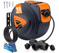 Bakaji - Carrete de cable eléctrico con cable enchufe Shucko montaje en pared, sistema de bloqueo automático, ahorro de espacio, extensión eléctrica profesional y bricolaje (15 m 3 enchufes)