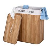 BAKAJI Cesto para Ropa Sucia de Doble Compartimiento para la Colada, 2 Espacios de bambú y Tela, Capacidad 100 l, 52 x 32 x 63 cm