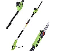 BAKAJI Cortasetos telescópico eléctrico con barra extensible, corta setos hoja 41 cm con inclinación, hoja ajustable mantenimiento jardín, cortabordes desbrozadora (700 W con motosierra 2 en 1)