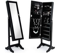 BAKAJI Espejo joyero modelo Ginebra armario joyero espejo con puerta porta objetos, armario organizador porta joyas (negro)