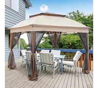 BAKAJI Gazebo de 3 x 3 Metros Plegable con mosquiteras de Tela de poliéster Impermeable, Estructura de Metal Plegable para acordeón, Carpa portátil, Feria, Mercado de jardín, Exterior, Funda Beige